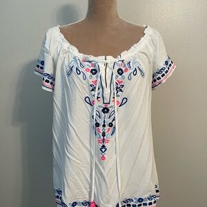 Southern Tide White Blouse with Blue and Pink Embroidery
